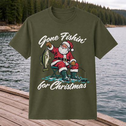 Santa Fishing with Bass Christmas Graphic T-Shirt