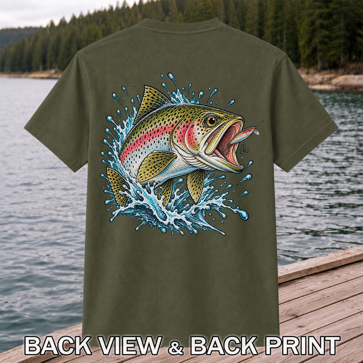 Rainbow Trout Striking a Fishing Lure Graphic T-Shirt | Back Print