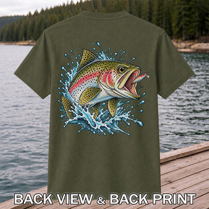 Rainbow Trout Striking a Fishing Lure Graphic T-Shirt | Back Print