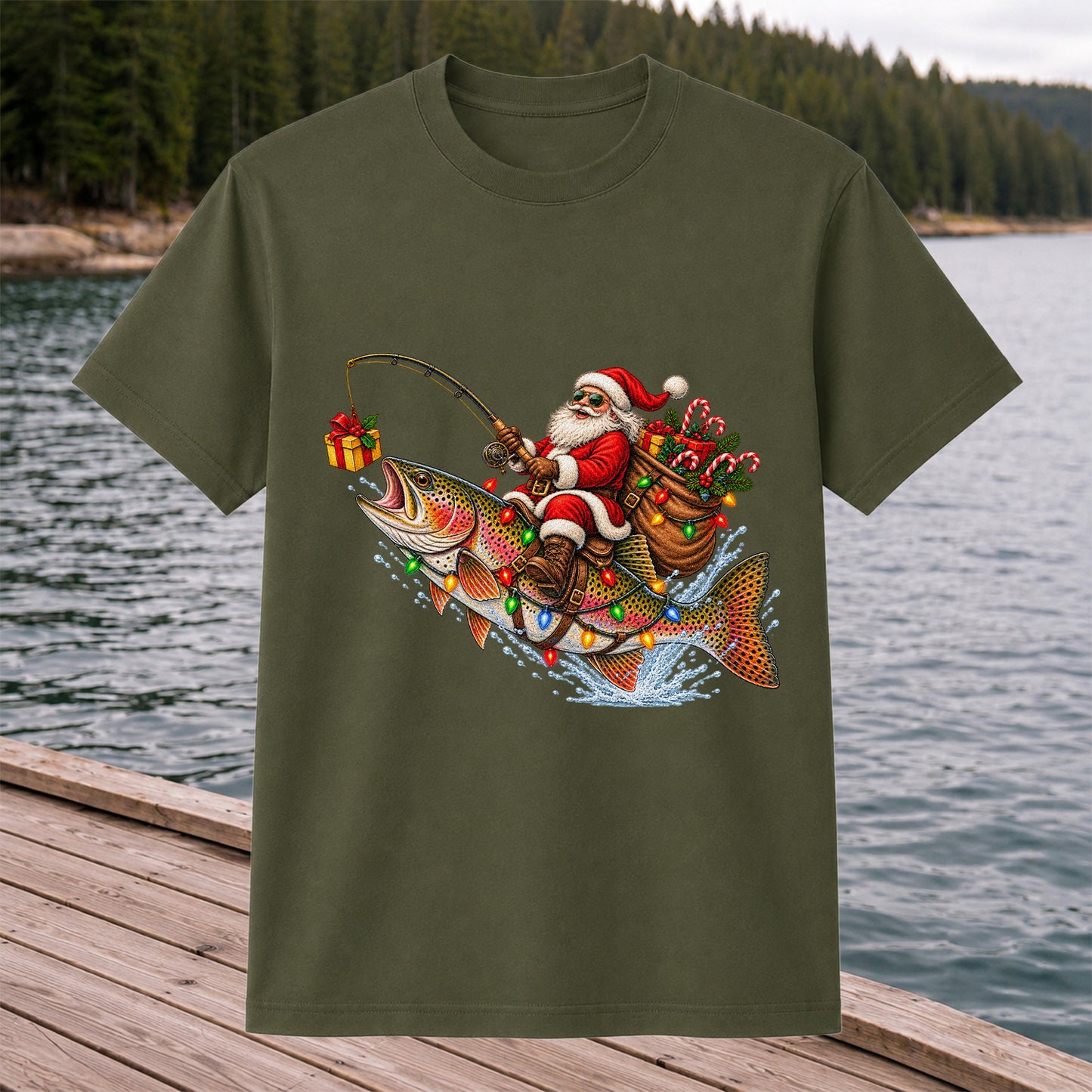 Santa Riding a Rainbow Trout Christmas Fishing Graphic T-Shirt