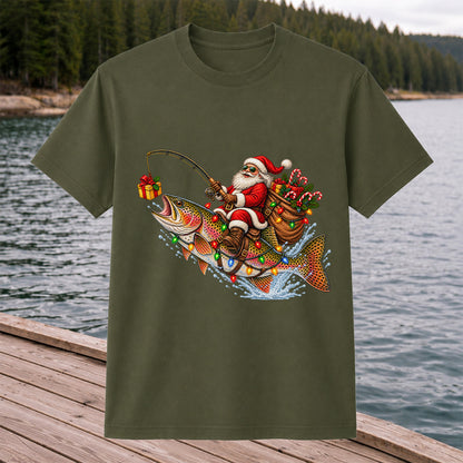 Santa Riding a Rainbow Trout Christmas Fishing Graphic T-Shirt