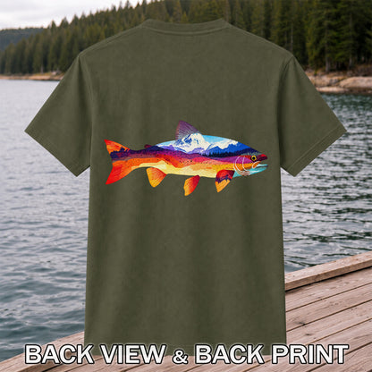 Colorful Mountain Landscape Trout Silhouette Fishing T-Shirt | Back Print