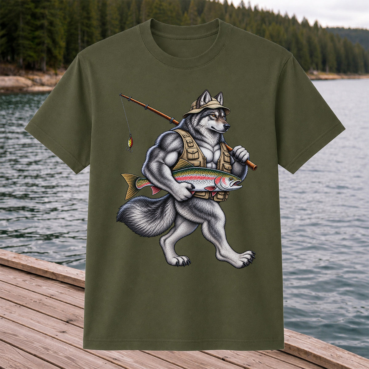 Wolf Angler Holding Rainbow Trout Fishing Graphic T-Shirt