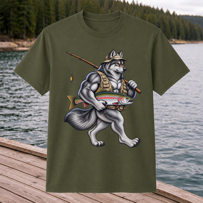 Wolf Angler Holding Rainbow Trout Fishing Graphic T-Shirt