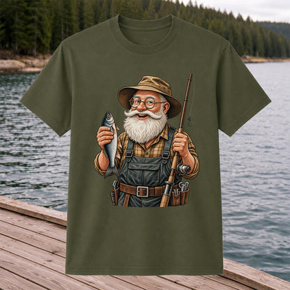 Bearded Angler Holding a Fish and Fishing Rod Graphic T-Shirt