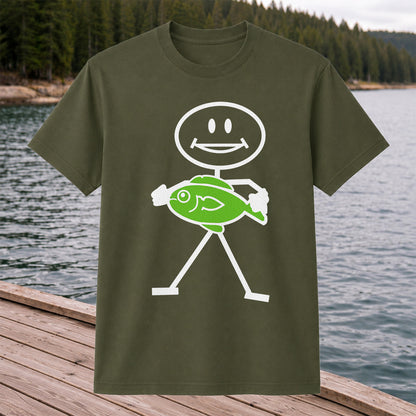 Happy Stick Figure Holding a Green Fish Graphic T-Shirt