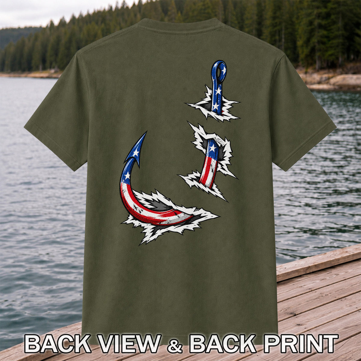 Patriotic American Flag Fishing Hooks Graphic T-Shirt | Back Print