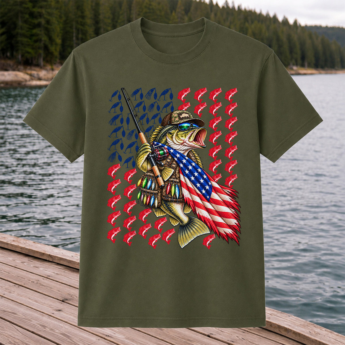 Patriotic Bass Fishing Graphic T-Shirt with American Flag Design