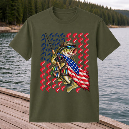 Patriotic Bass Fishing Graphic T-Shirt with American Flag Design