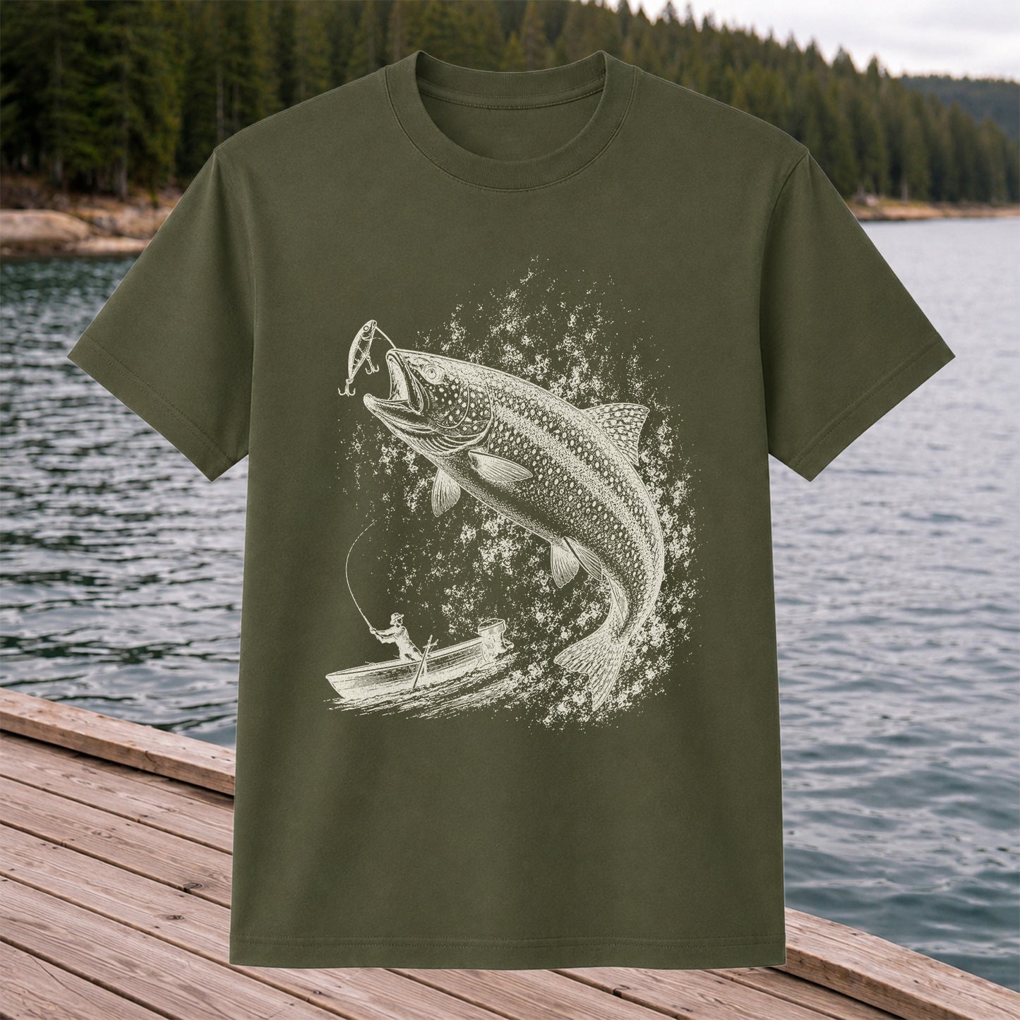 Leaping Trout Striking Lure from Fishing Boat Graphic T-Shirt