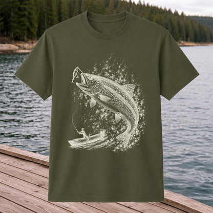 Leaping Trout Striking Lure from Fishing Boat Graphic T-Shirt
