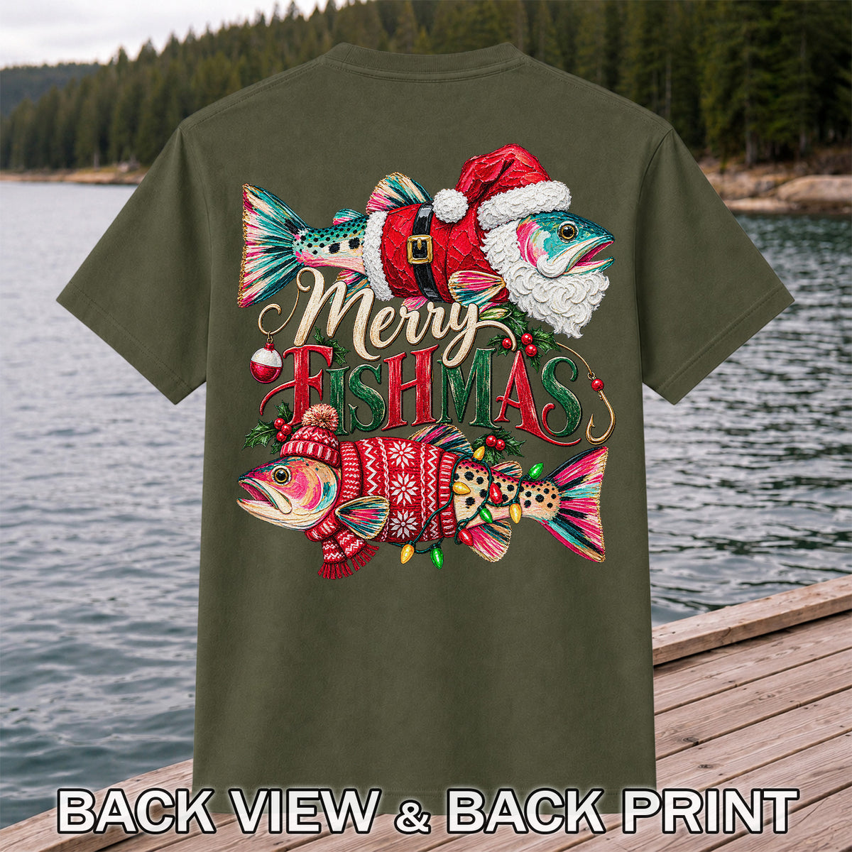 Merry Fishmas Santa Fish Christmas Fishing Graphic T-Shirt | Back Print