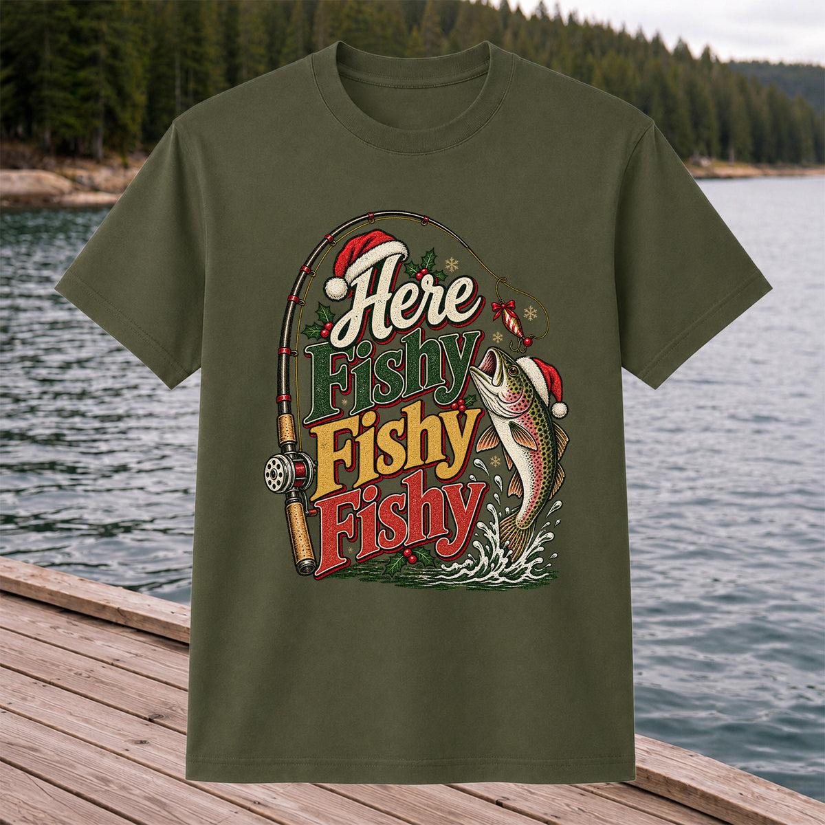 Here Fishy Fishy Fishy Christmas Rainbow Trout Fishing T-Shirt