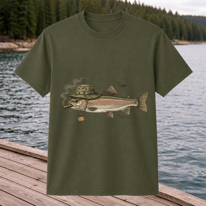 Halloween Trout in Fishing Hat with Pumpkin Charm Graphic T-Shirt