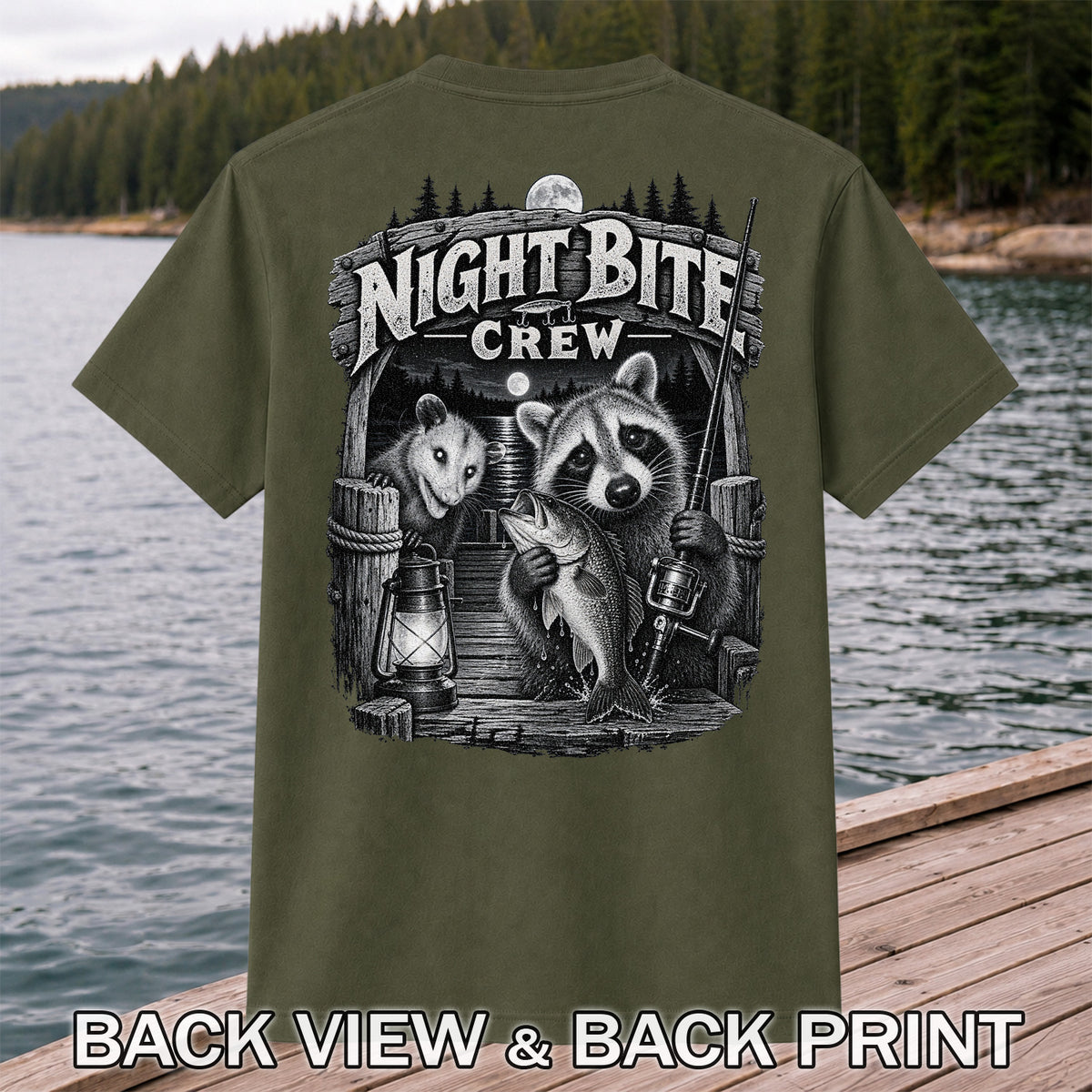 Night Bite Crew Raccoon and Bass Fishing Graphic T-Shirt | Back Print
