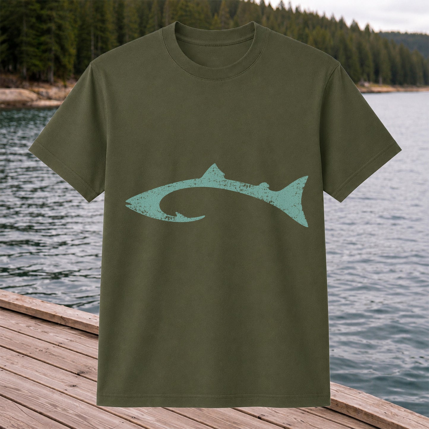 Distressed Salmon Fish Hook Silhouette Fishing T-Shirt