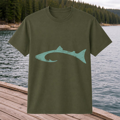 Distressed Salmon Fish Hook Silhouette Fishing T-Shirt