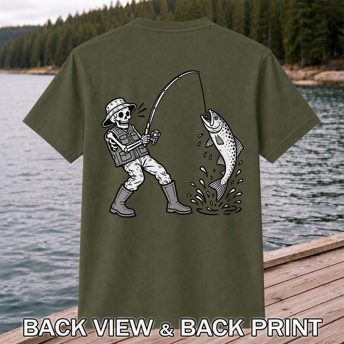 Skeleton Angler Catching a Leaping Trout Fishing Graphic T-Shirt | Back Print