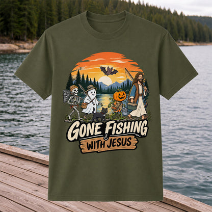 Gone Fishing with Jesus Skeleton Ghost and Pumpkin Halloween Fishing T-Shirt