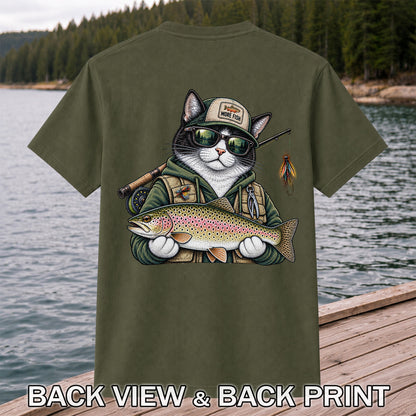 Cat Holding Rainbow Trout Fishing Graphic T-Shirt | Back Print