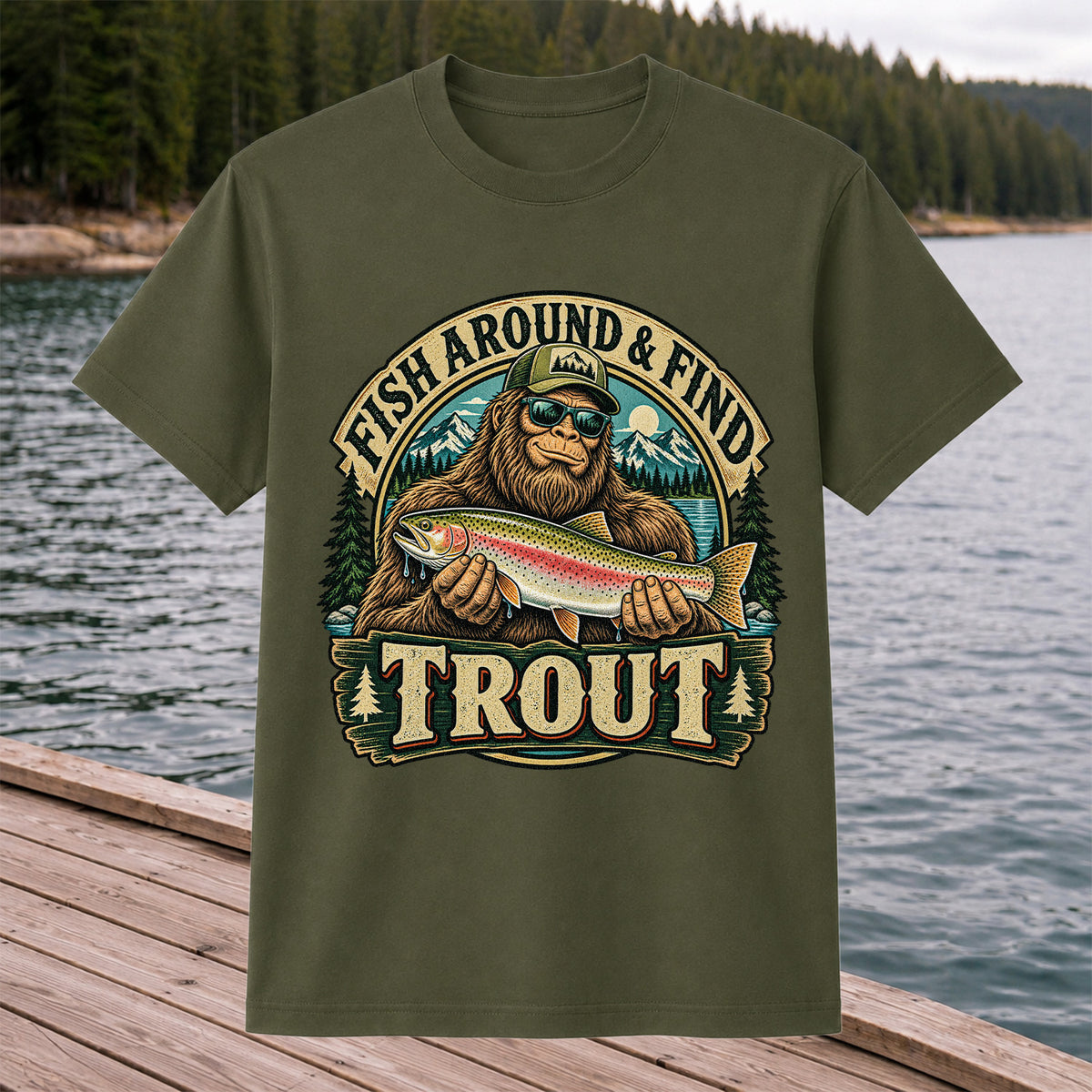 Fish Around & Find Trout Bigfoot Rainbow Trout Fishing T-Shirt