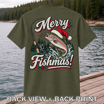Merry Fishmas Rainbow Trout in Santa Hat Christmas Fishing T-Shirt, Trout Fishing | Back Print