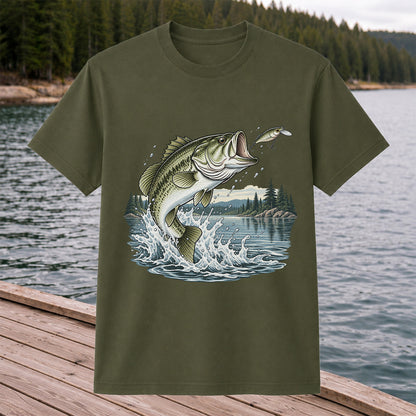 Jumping Largemouth Bass Chasing a Lure Lake Fishing Graphic T-Shirt