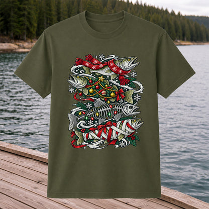 Christmas Trout and Fish Skeleton Holiday Fishing T-Shirt