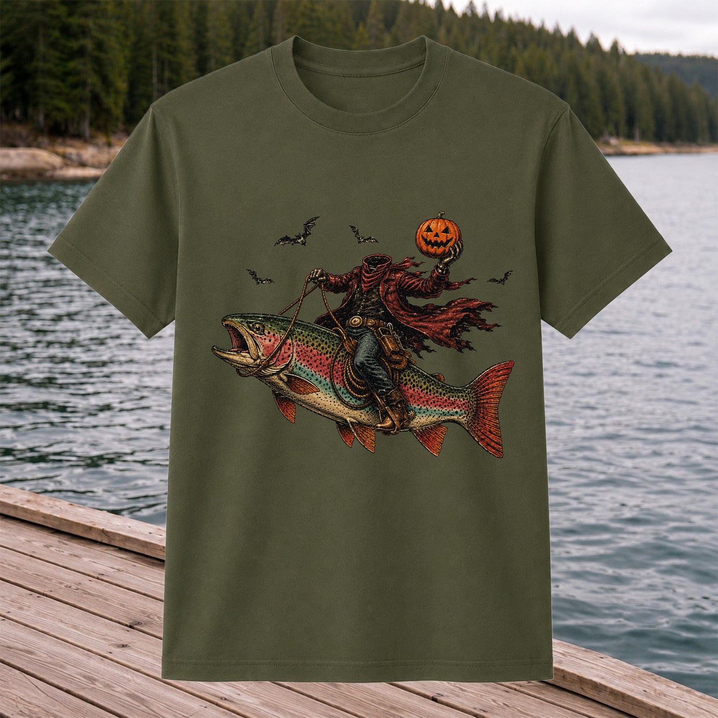 Halloween Cowboy Trout Fishing T-Shirt Pumpkin Fishing Tee