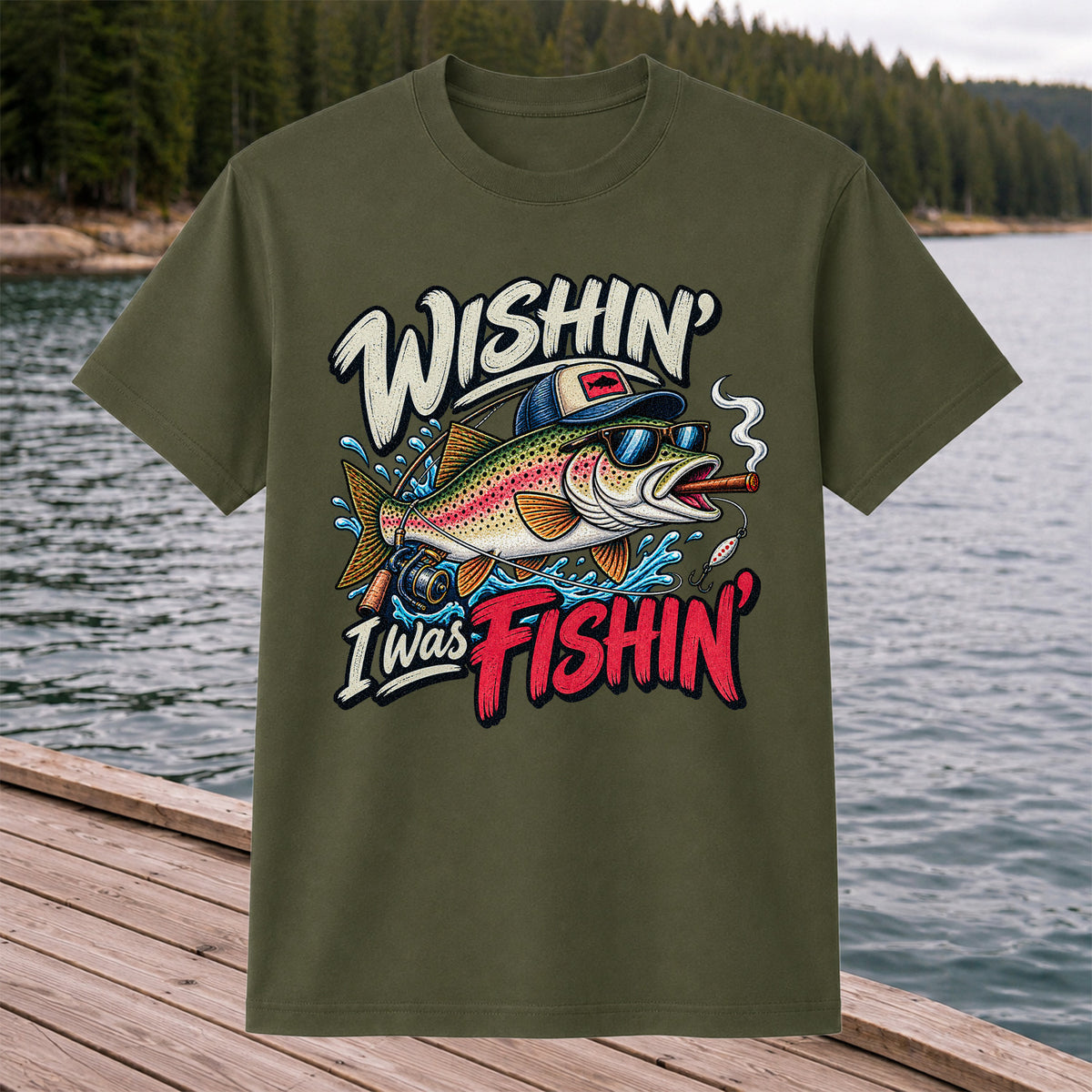 Wishin' I Was Fishin' Funny Rainbow Trout Fishing T-Shirt