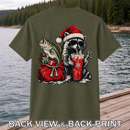 Santa Raccoon Sharing a Bass Christmas Fishing Graphic T-Shirt | Back Print