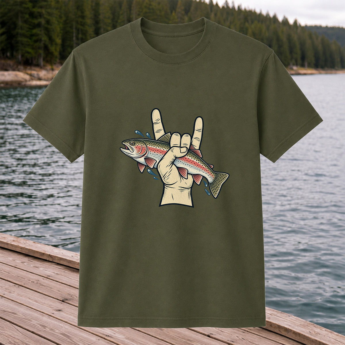 Rainbow Trout Rock On Hand Gesture Fishing Graphic T-Shirt