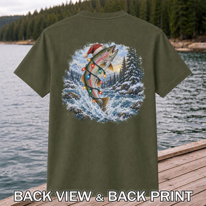 Santa Rainbow Trout with Christmas Lights Fishing T-Shirt | Back Print