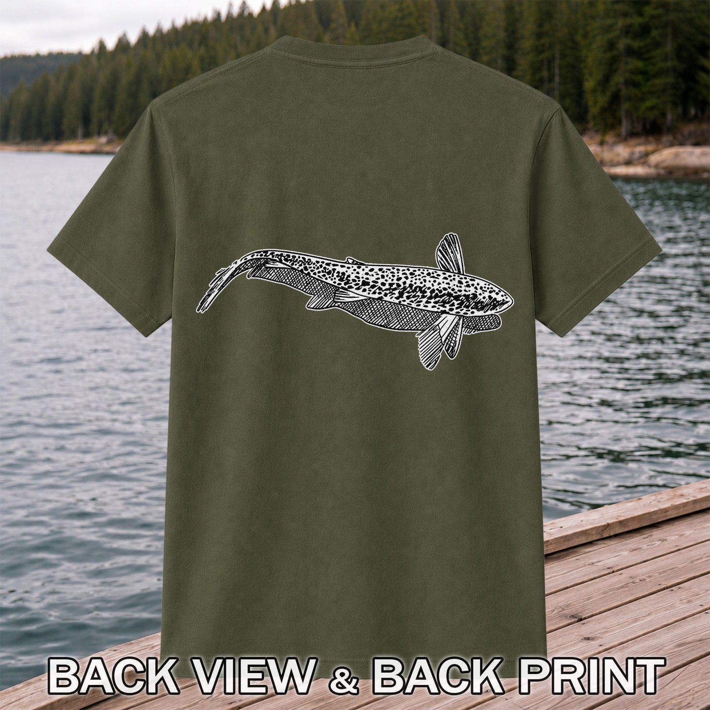 Black and White Trout Line Art Fishing Graphic T-Shirt | Back Print