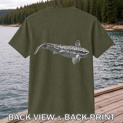 Black and White Trout Line Art Fishing Graphic T-Shirt | Back Print