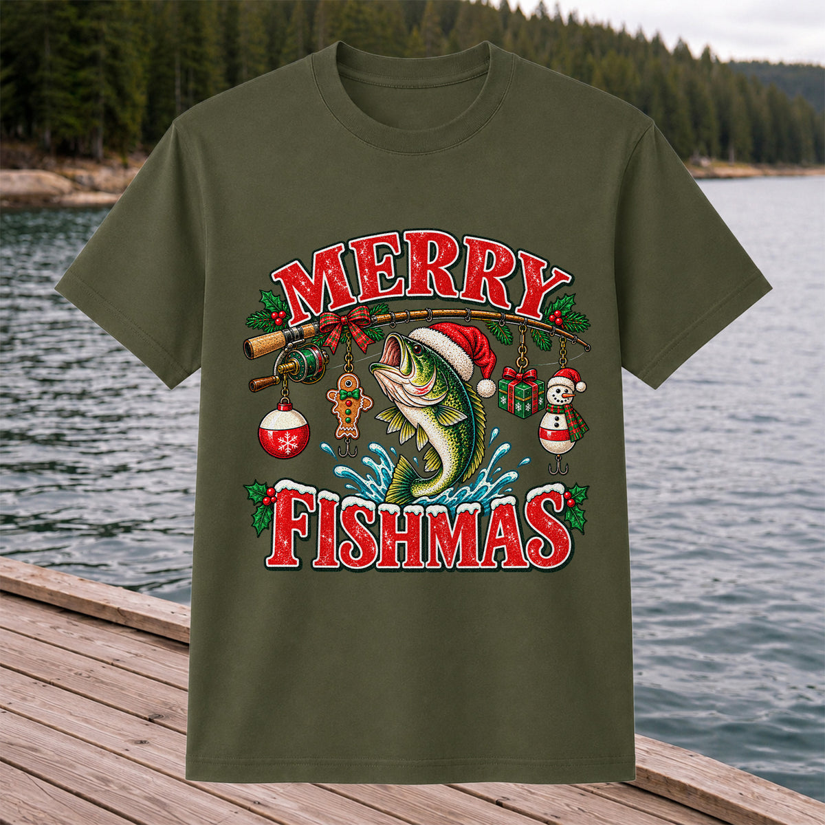 Merry Fishmas Santa Bass Christmas Fishing Graphic T-Shirt
