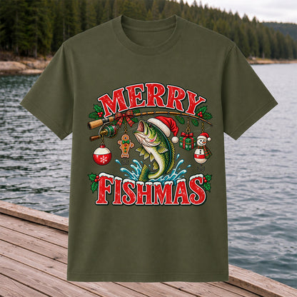 Merry Fishmas Santa Bass Christmas Fishing Graphic T-Shirt