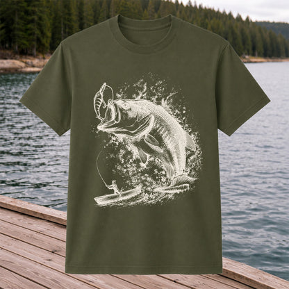Largemouth Bass Striking Lure from Fishing Boat Graphic T-Shirt