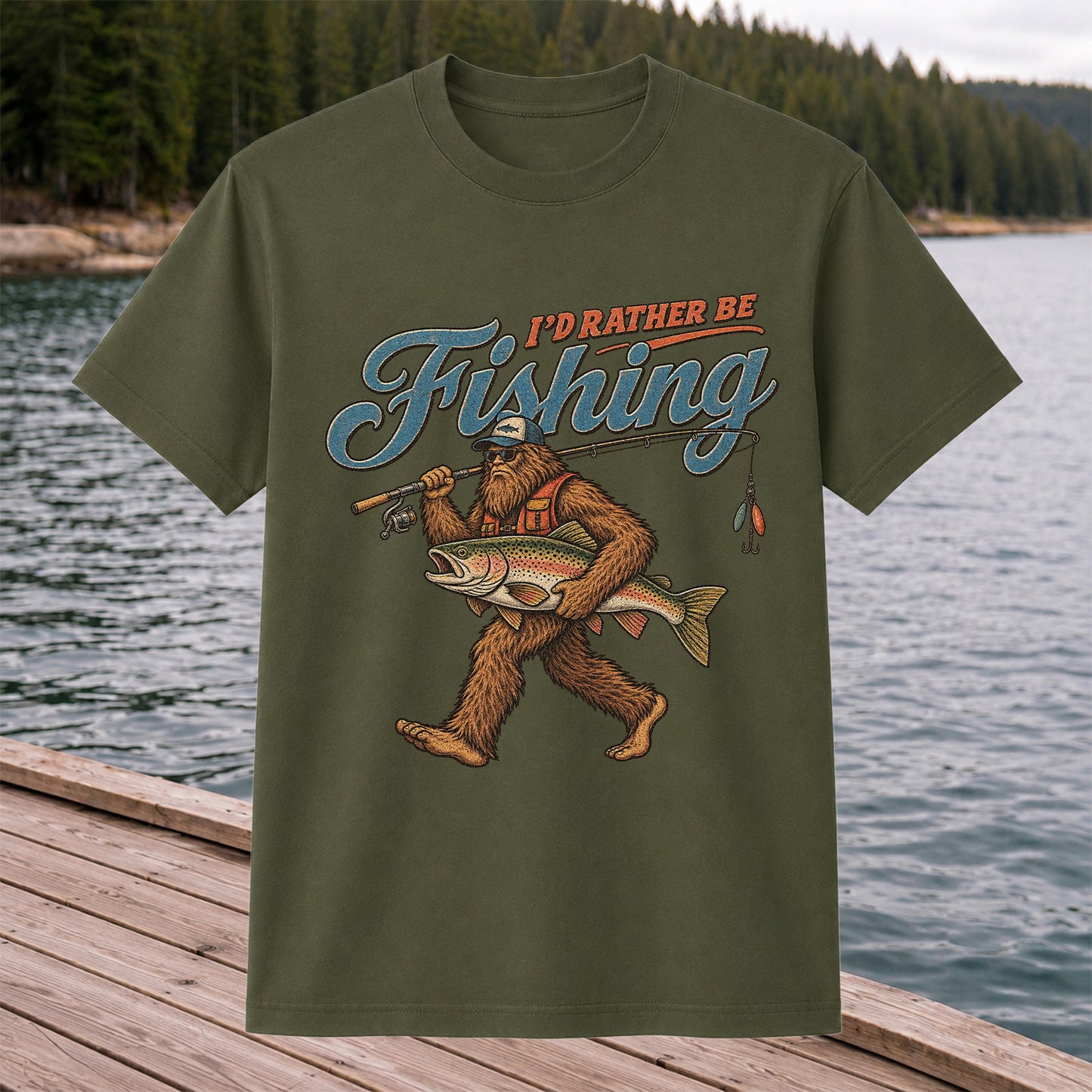 I'd Rather Be Fishing Bigfoot Trout Graphic T-Shirt