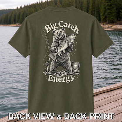 Big Catch Energy Bear and Trout Fishing T-Shirt | Back Print