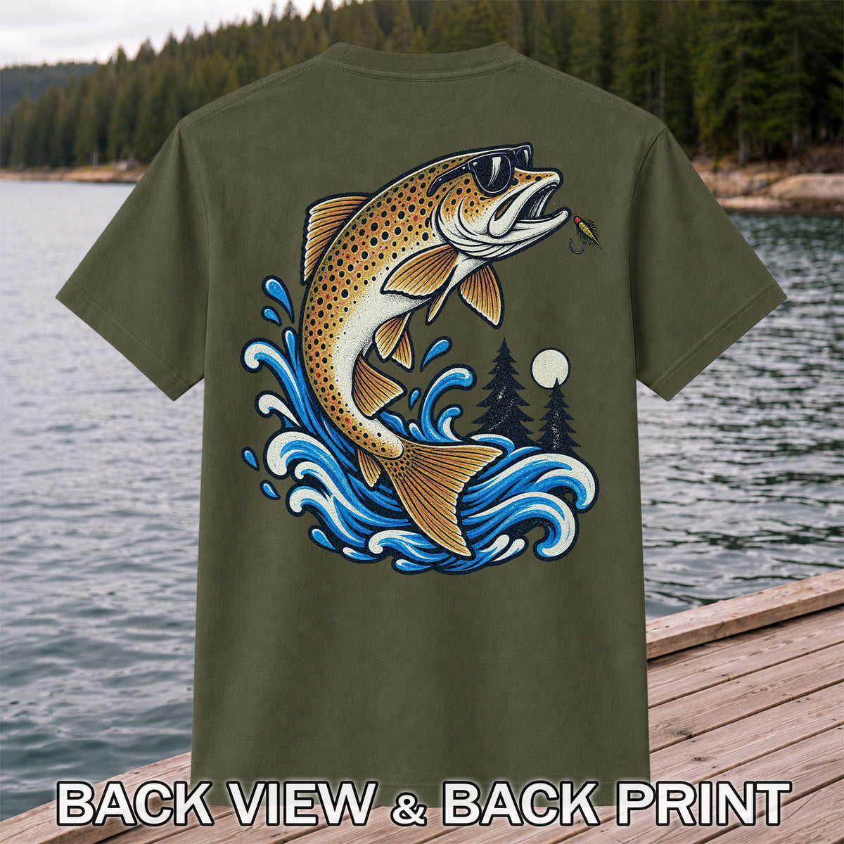 Brown Trout Sunglasses Fishing Graphic T-Shirt with Lure | Back Print