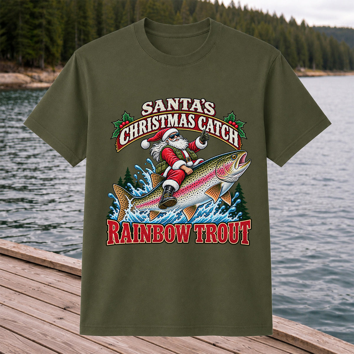 Santa's Christmas Catch Rainbow Trout Fishing T-Shirt