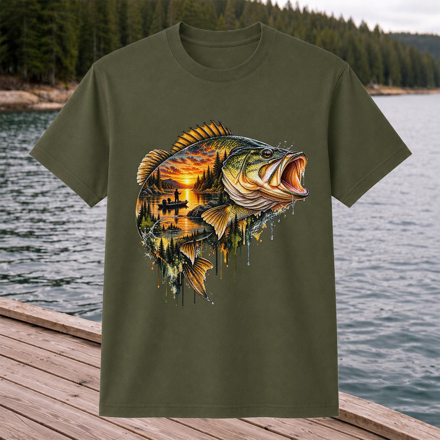 Largemouth Bass Sunset Lake Landscape Fishing Graphic T-Shirt
