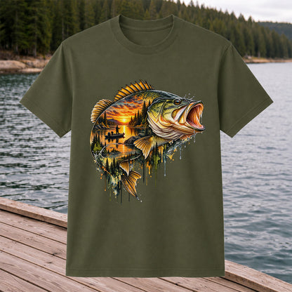 Largemouth Bass Sunset Lake Landscape Fishing Graphic T-Shirt