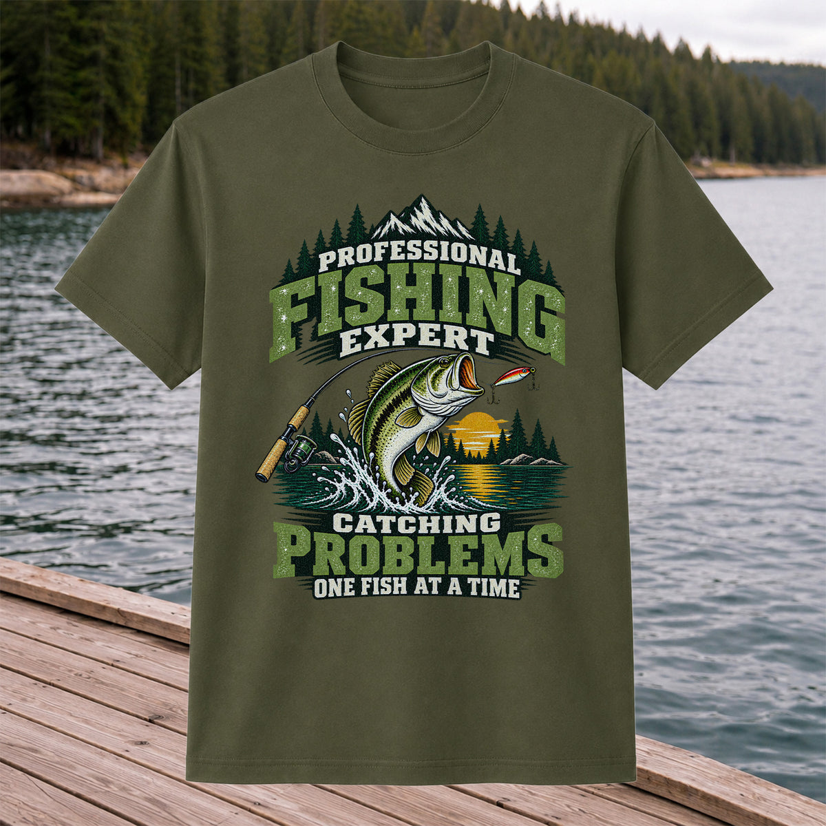 Professional Fishing Expert Catching Problems One Fish at a Time Bass T-Shirt