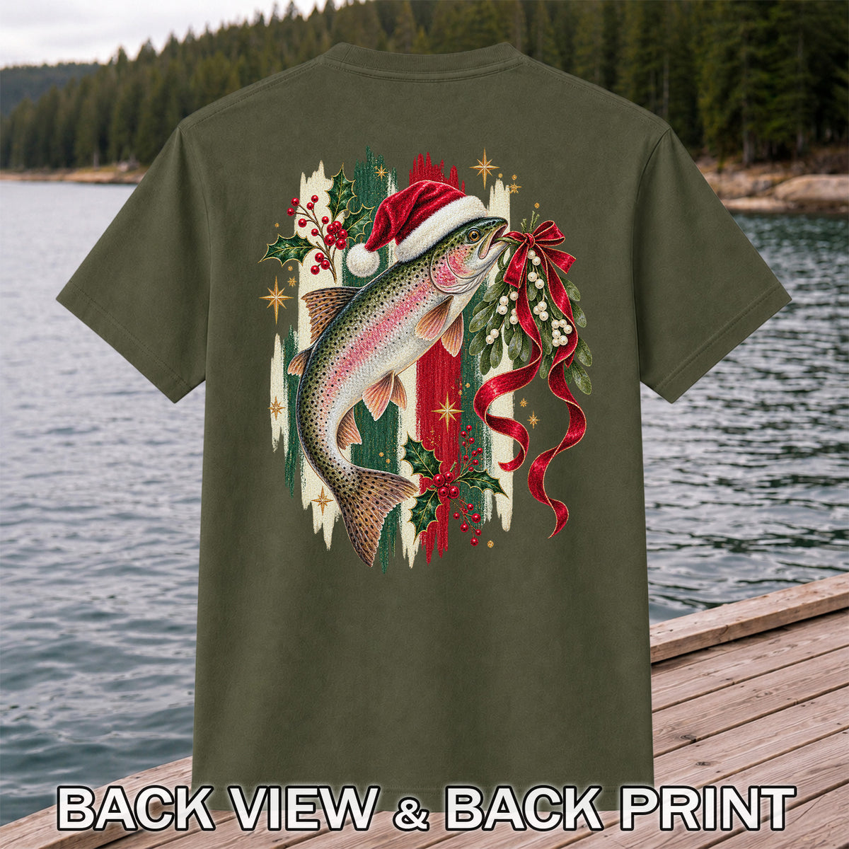 Christmas Santa Hat Rainbow Trout Fishing Graphic T-Shirt | Back Print