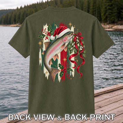 Christmas Santa Hat Rainbow Trout Fishing Graphic T-Shirt | Back Print