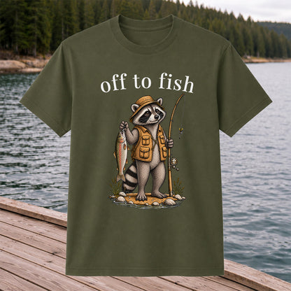 Off to Fish Raccoon Angler Funny Fishing T-Shirt
