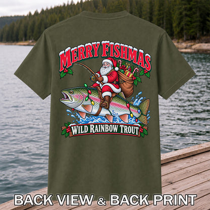 Merry Fishmas Santa Riding a Wild Rainbow Trout Christmas Fishing T-Shirt | Back Print