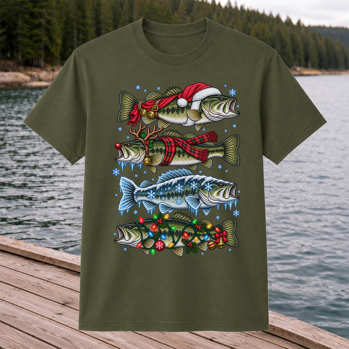 Christmas Bass with Santa Hat and Holiday Lights Fishing T-Shirt